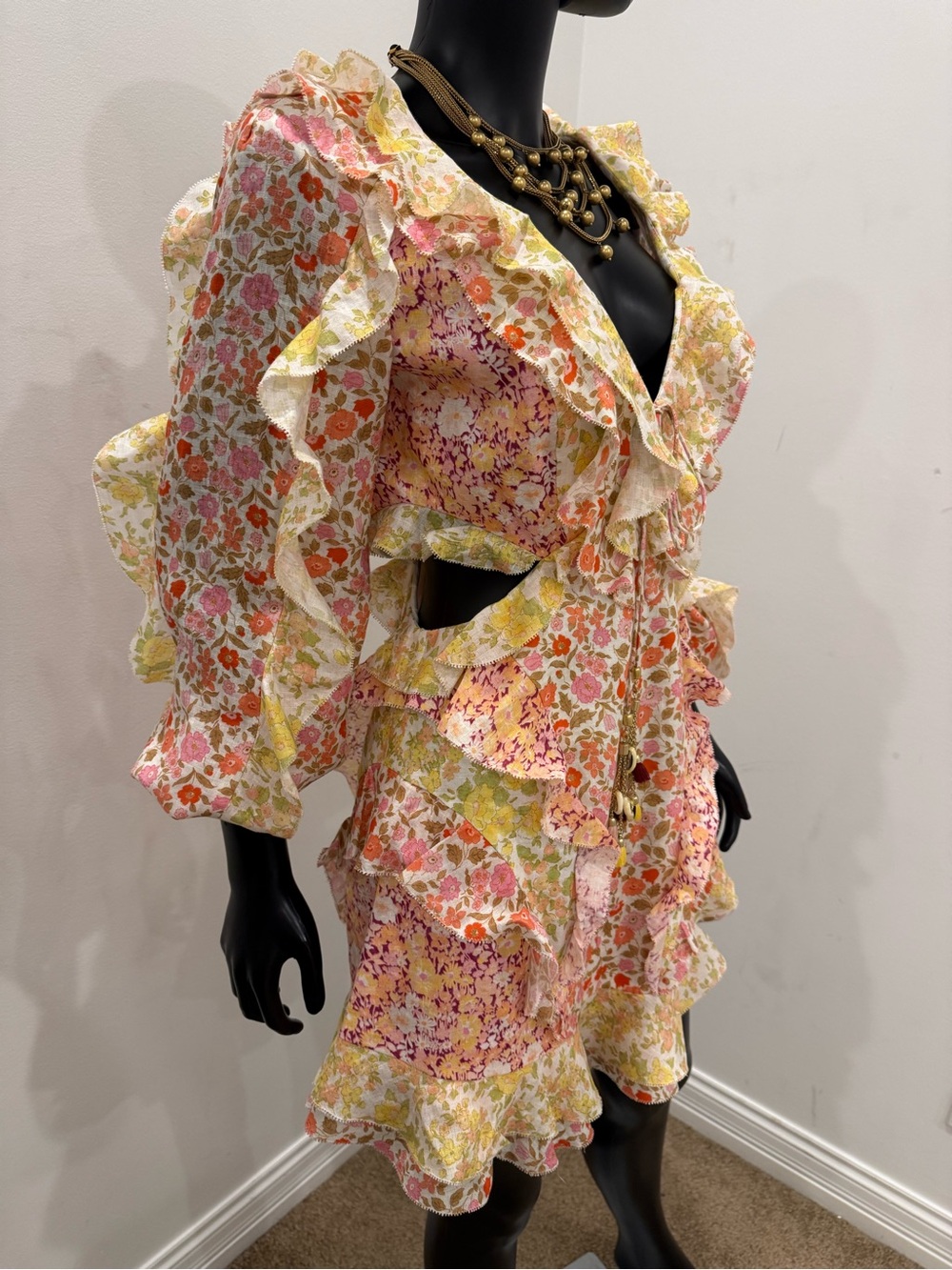 Zimmermann Floral Patchwork Ruffle Cutout Tie Front Mini Dress Size 2 - Picture 3 of 14